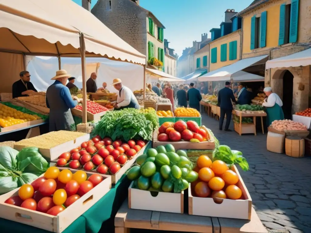 Un bullicioso mercado de agricultores en un pintoresco pueblo francés, con productos frescos y coloridos