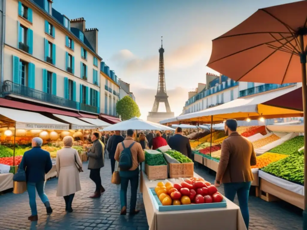 Un bullicioso mercado de agricultores en Francia, con productos locales vibrantes y la icónica Torre Eiffel al fondo