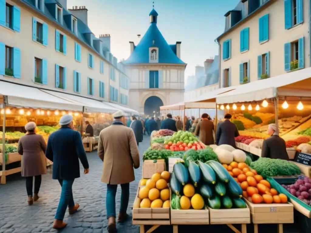 Un bullicioso mercado de agricultores en Francia, con productos frescos y coloridos