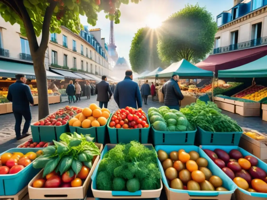 Un bullicioso mercado de agricultores en París con productos locales y vibrantes, reflejando la gastronomía francesa y los huertos urbanos