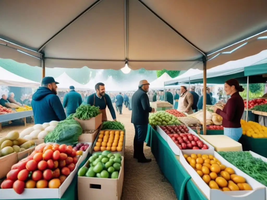 Un bullicioso mercado de agricultores en Francia con productos frescos y coloridos