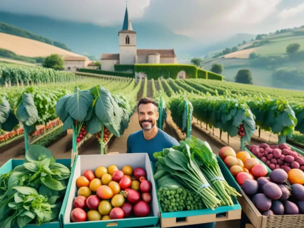 Un bullicioso mercado de agricultores en Francia con productos frescos y coloridos