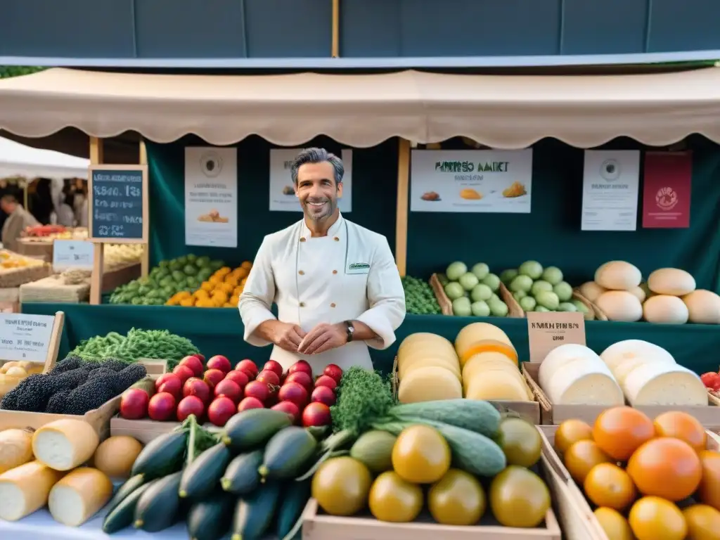 Un bullicioso mercado de agricultores en Provenza con productos orgánicos y artesanales, reflejando la revolución orgánica en la gastronomía francesa