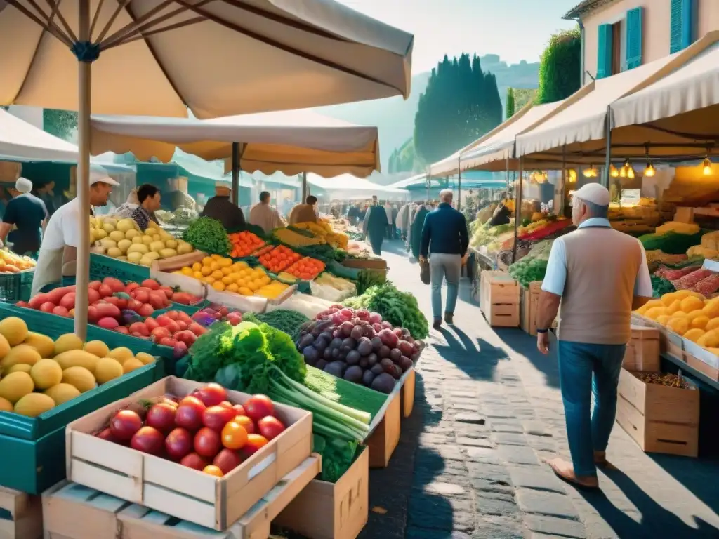 Un bullicioso mercado de agricultores en el sur de Francia, rebosante de frutas y verduras frescas típicas de la dieta mediterránea