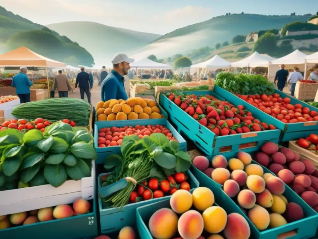 Un bullicioso mercado de agricultores en el sur de Francia, con frutas y verduras regionales francesas vibrantes y abundantes