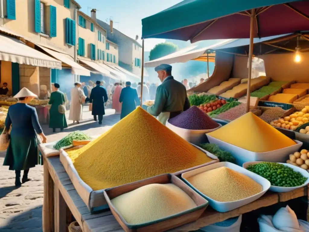 Un bullicioso mercado al aire libre en Provenza, Francia, con una variedad de ingredientes frescos para hacer panisse