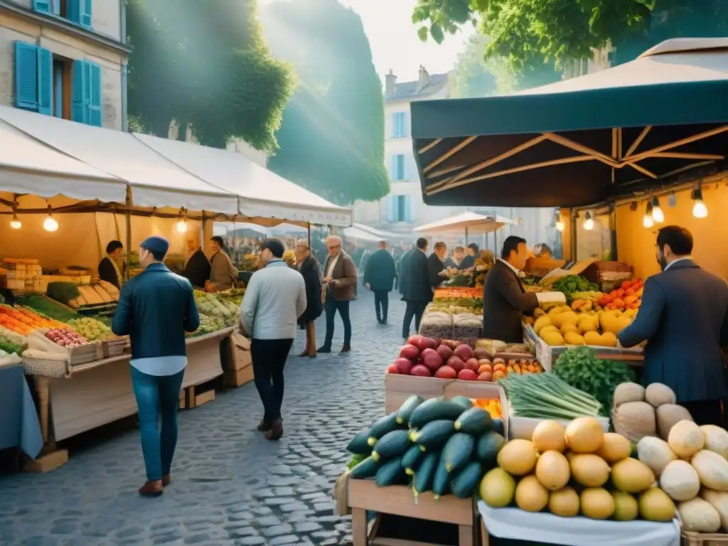 Un bullicioso mercado al aire libre en Francia con productos frescos y coloridos