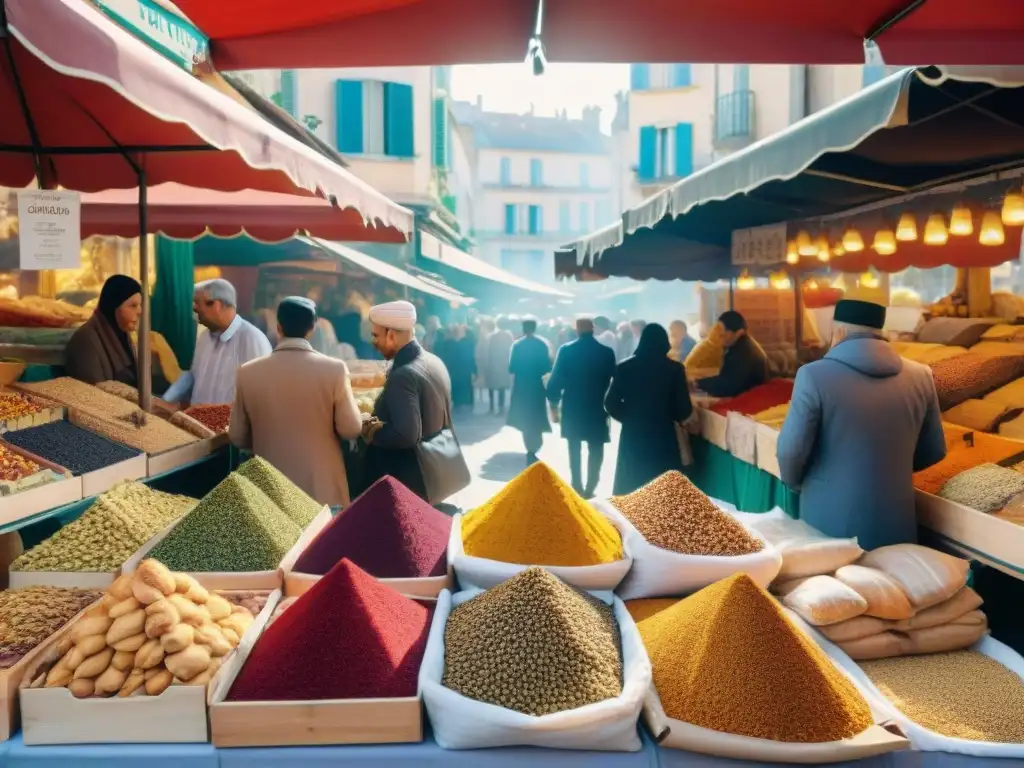 Un bullicioso mercado al aire libre en Francia con una fusión de ingredientes árabes y gastronomía francesa