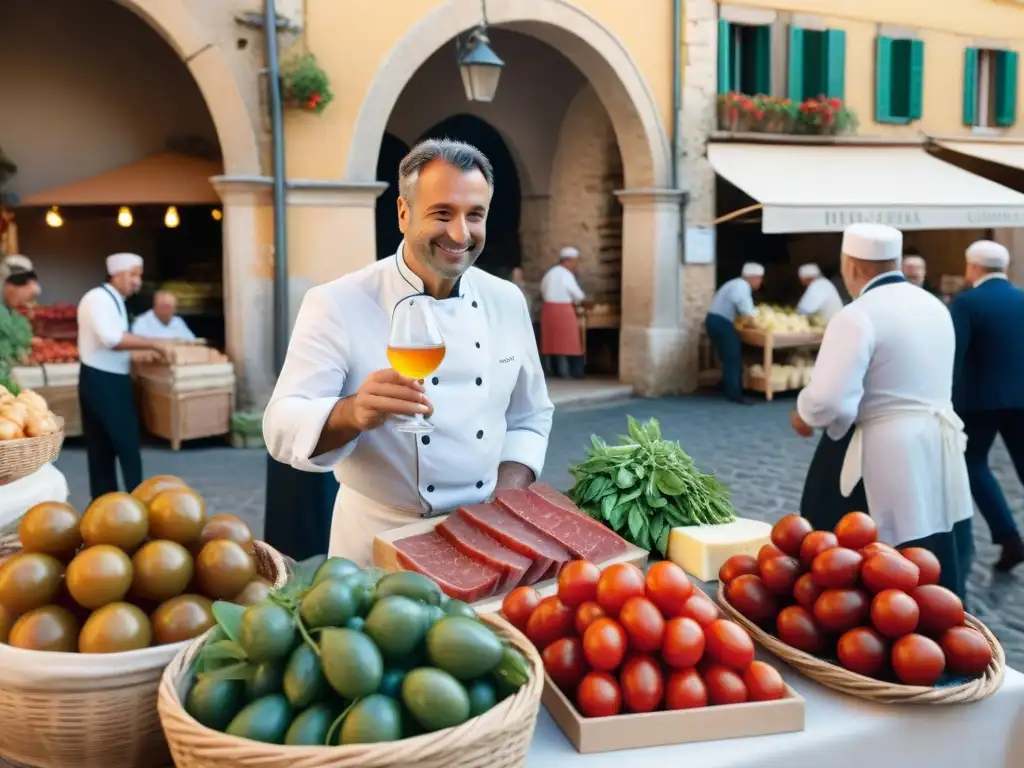 Un bullicioso mercado al aire libre en Provenza, Francia, con una variedad de productos frescos y coloridos, influencia culinaria italiana en Francia