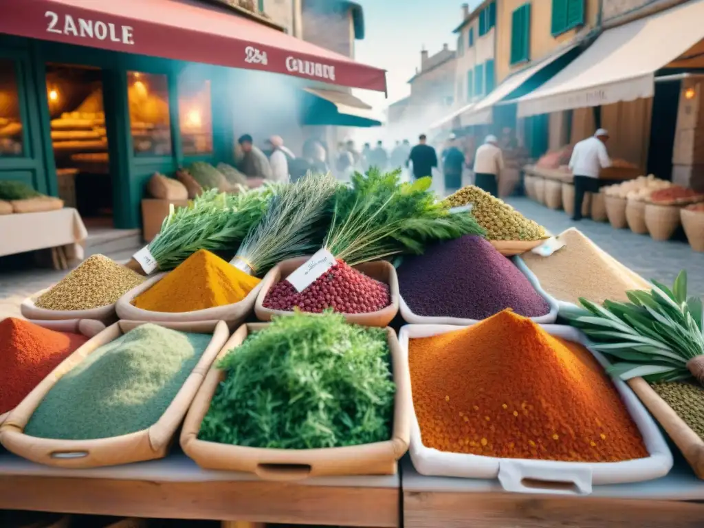 Un bullicioso mercado al aire libre en Provenza, Francia, con una vibrante mezcla de hierbas y especias francesas