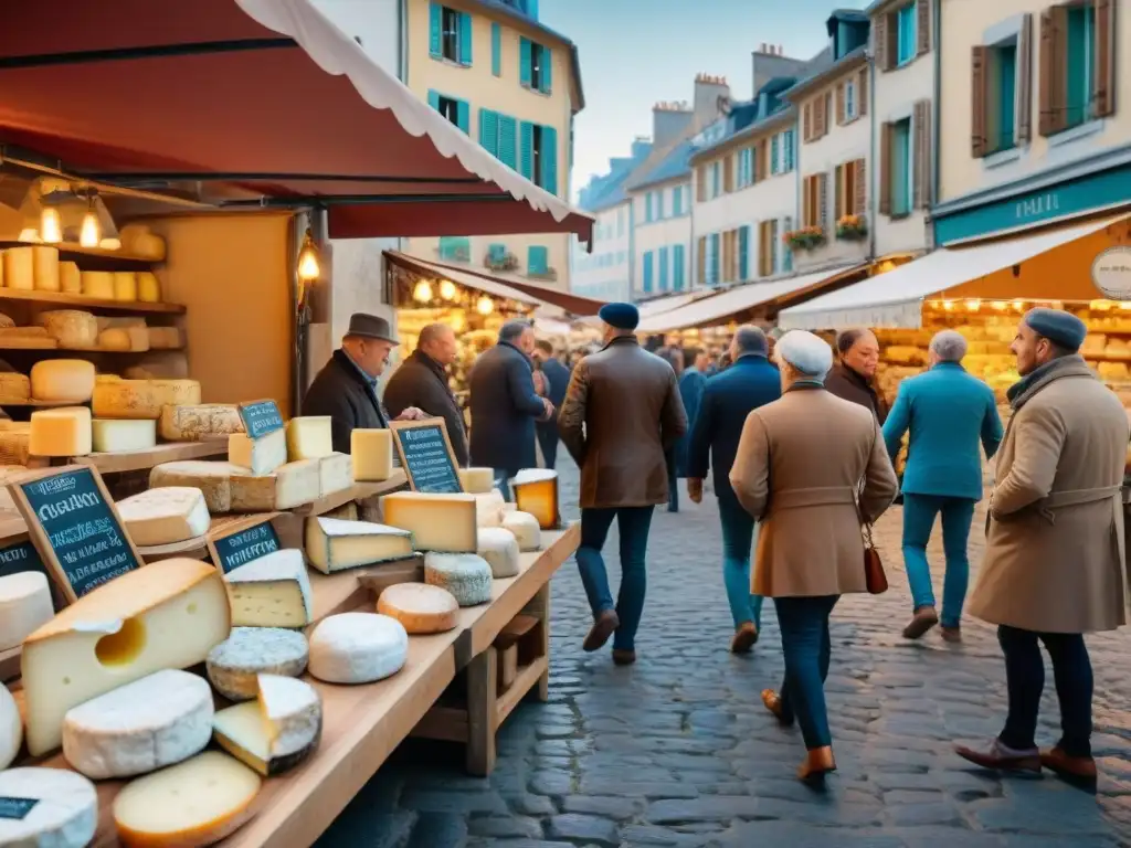 Un bullicioso mercado al aire libre en Francia con una variedad de quesos franceses populares como Brie, Camembert, Roquefort y Comté