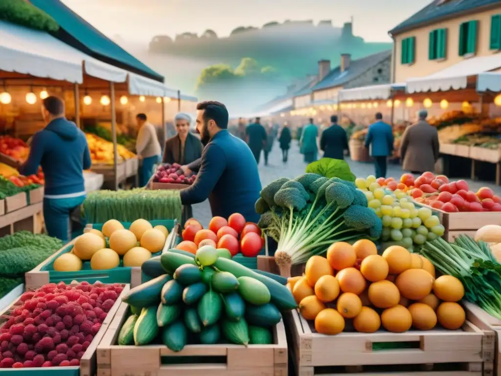 Un bullicioso mercado al aire libre en Francia con frutas y verduras regionales francesas en cajas de madera bajo la suave luz del sol