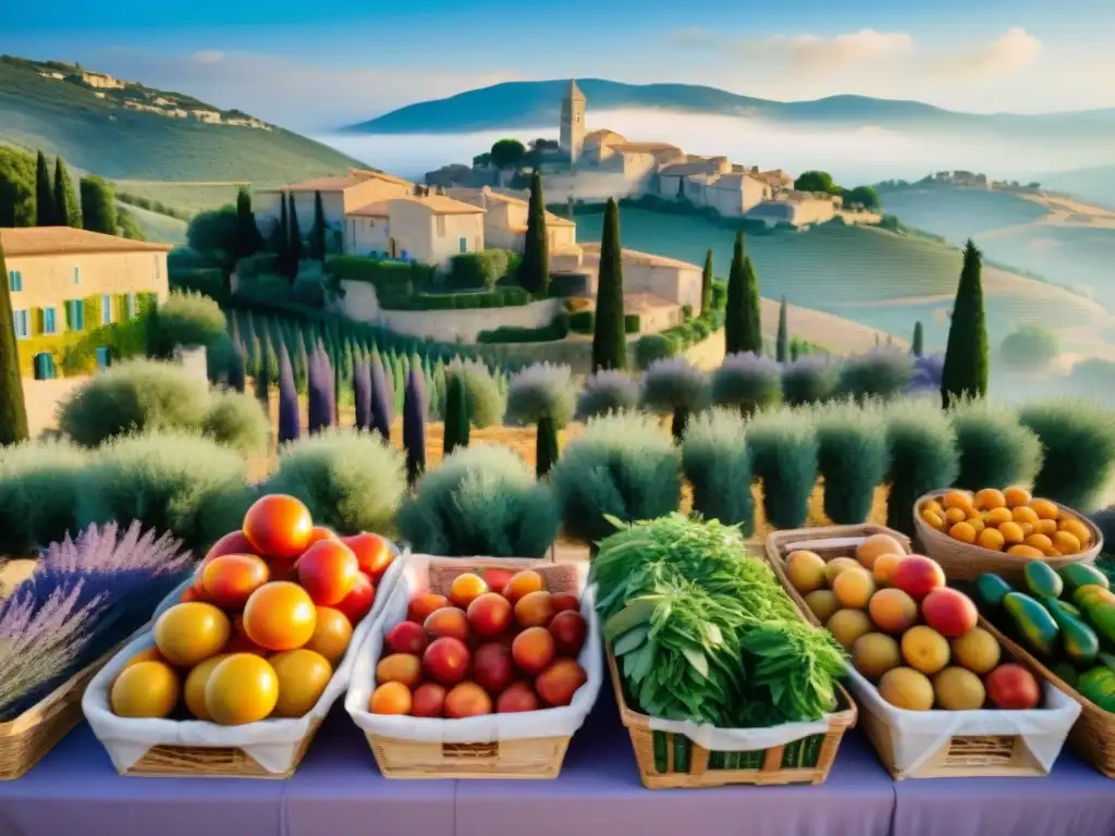 Mercado al aire libre en Provence: Colores, aromas y tradición culinaria Un bullicioso mercado al aire libre en Provenza, Francia, con coloridos productos frescos y vendedores locales en trajes tradicionales