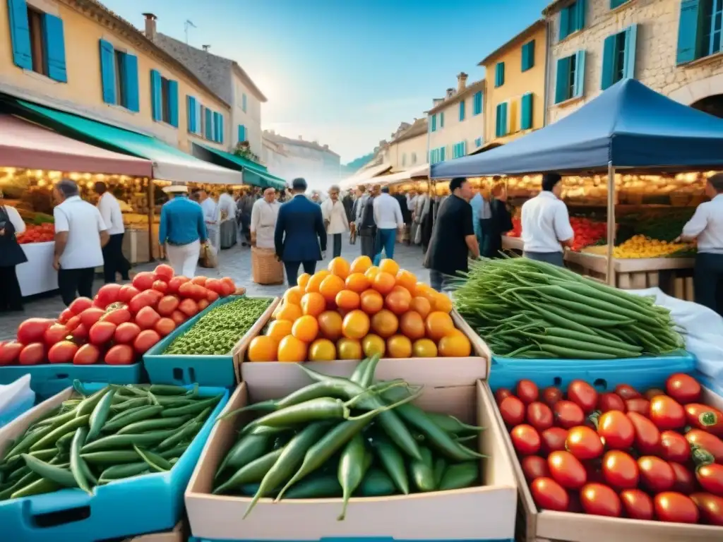 Un bullicioso mercado al aire libre en Provenza, Francia, con una variedad de productos frescos y vibrantes