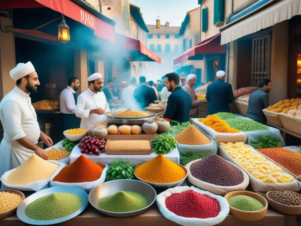 Un bullicioso mercado al aire libre en Francia, reflejando la influencia árabe en la gastronomía francesa