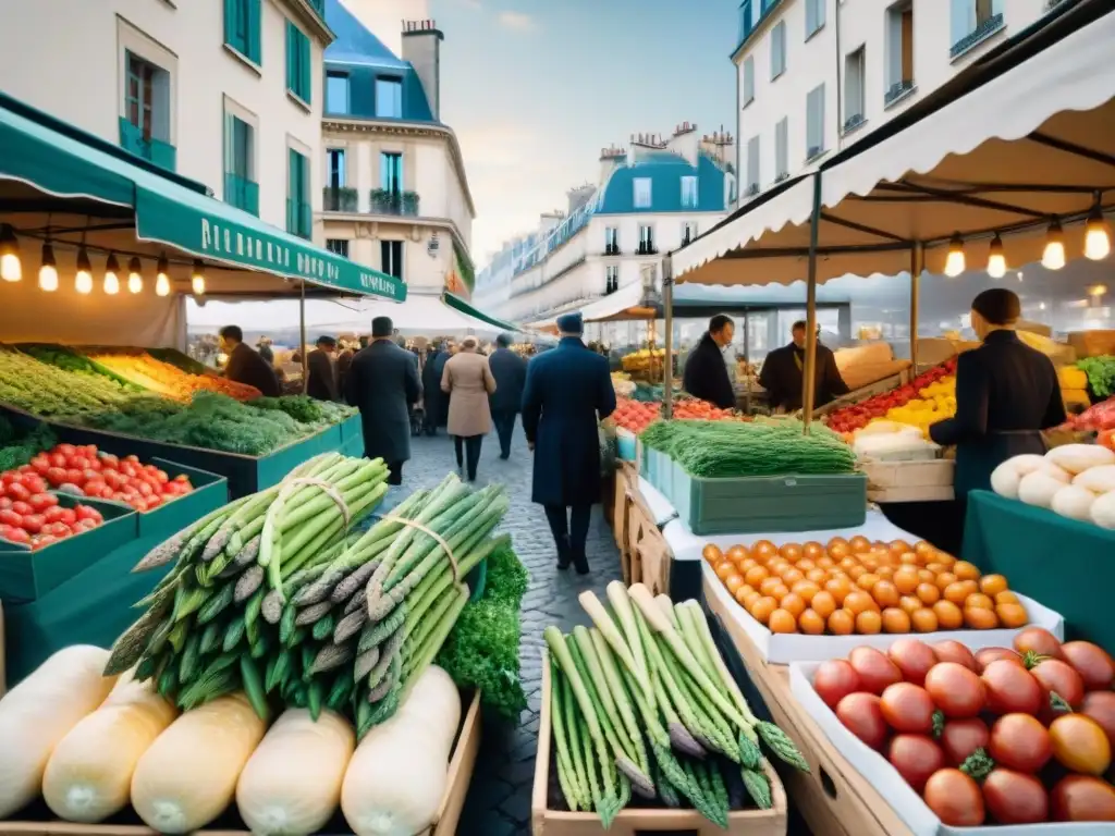 Un bullicioso mercado al aire libre en París con productos frescos y coloridos, mostrando la esencia de la gastronomía francesa