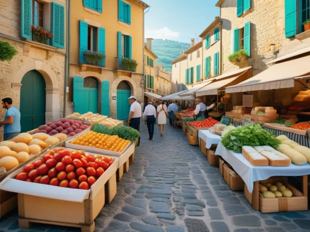 Explorando un bullicioso mercado al aire libre en la Provenza, Francia, donde la gastronomía francesa brilla con sus colores y sabores