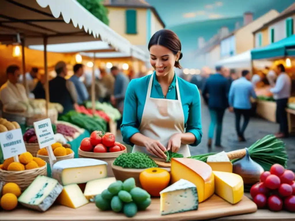 Un bullicioso mercado al aire libre en un pintoresco pueblo francés, lleno de productos locales frescos, quesos artesanales y flores coloridas