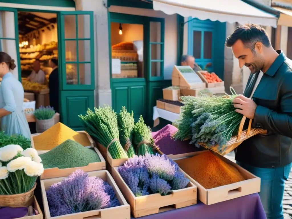 Explora un bullicioso mercado al aire libre en el sur de Francia, lleno de hierbas frescas y especias coloridas