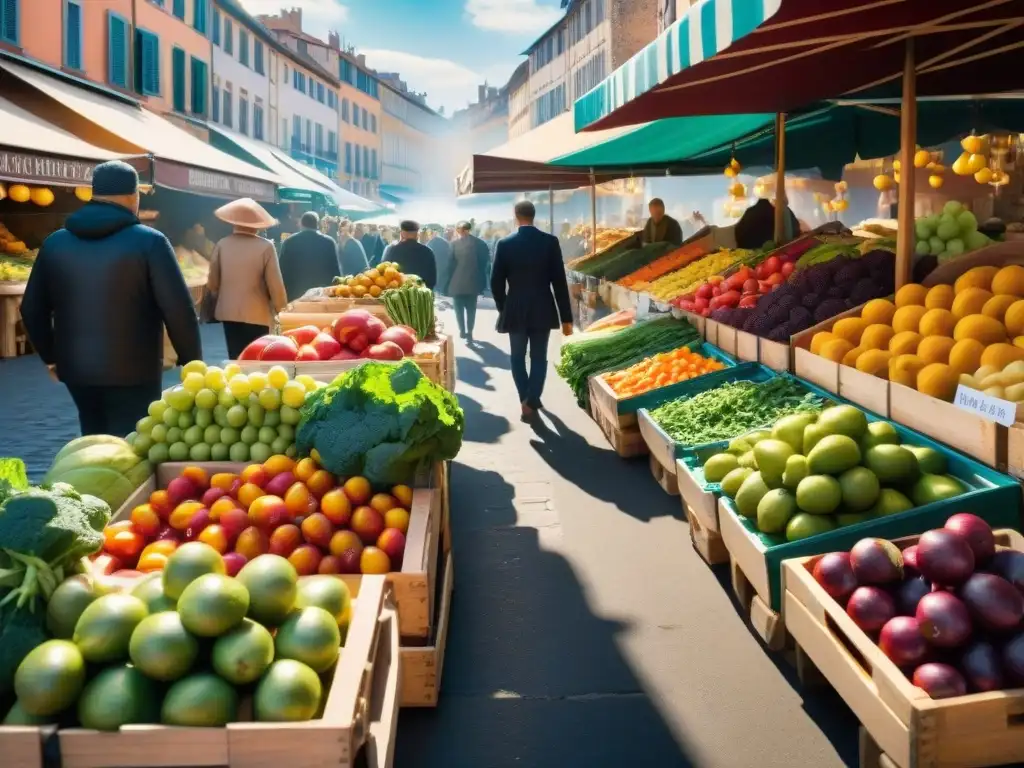 Un bullicioso mercado al aire libre en Toulouse con frutas y verduras coloridas en cajas de madera bajo toldos a rayas