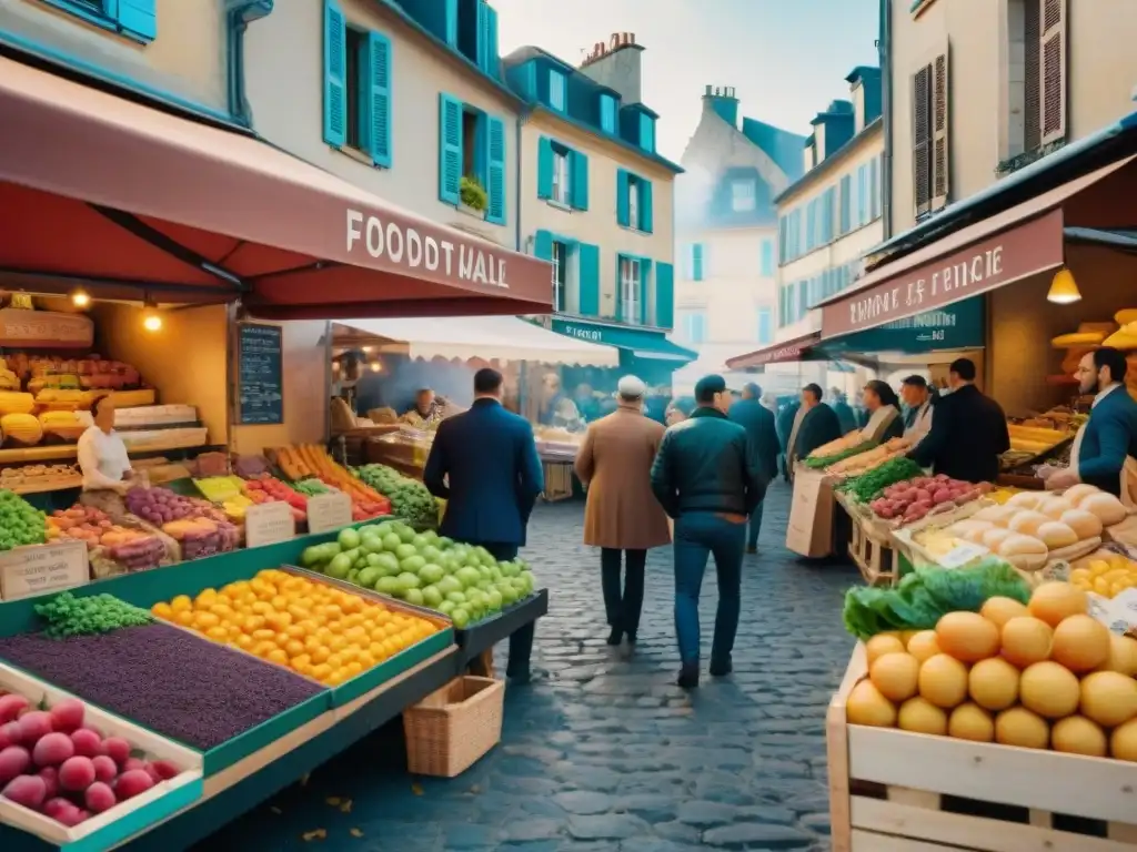 Un bullicioso mercado de alimentos en Francia, con coloridos productos locales