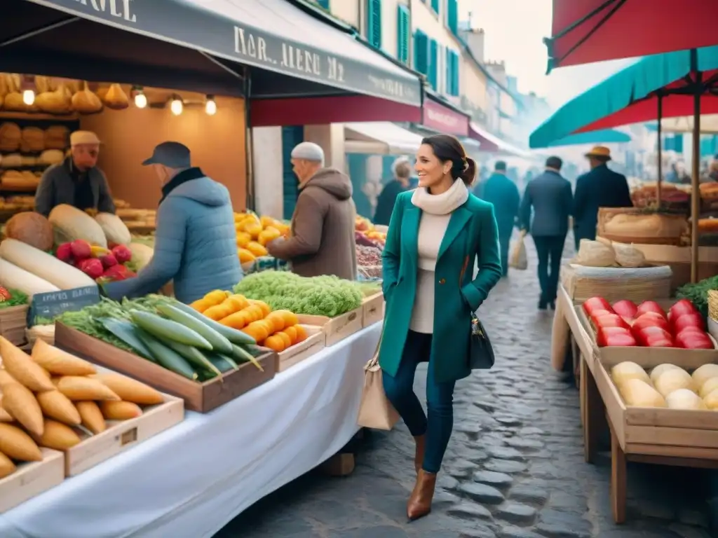 Un bullicioso mercado callejero francés con vendedores de productos frescos y coloridos, quesos artesanales y baguettes recién horneadas