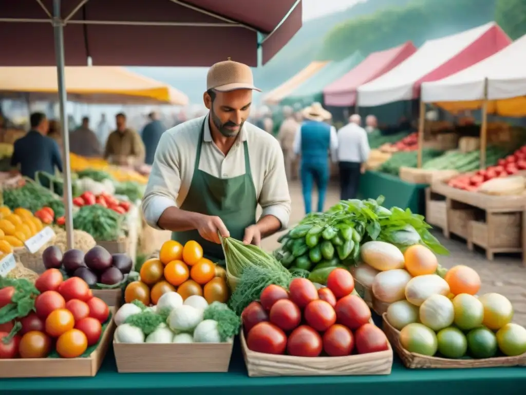 Un bullicioso mercado campesino en Francia con productos frescos y coloridos