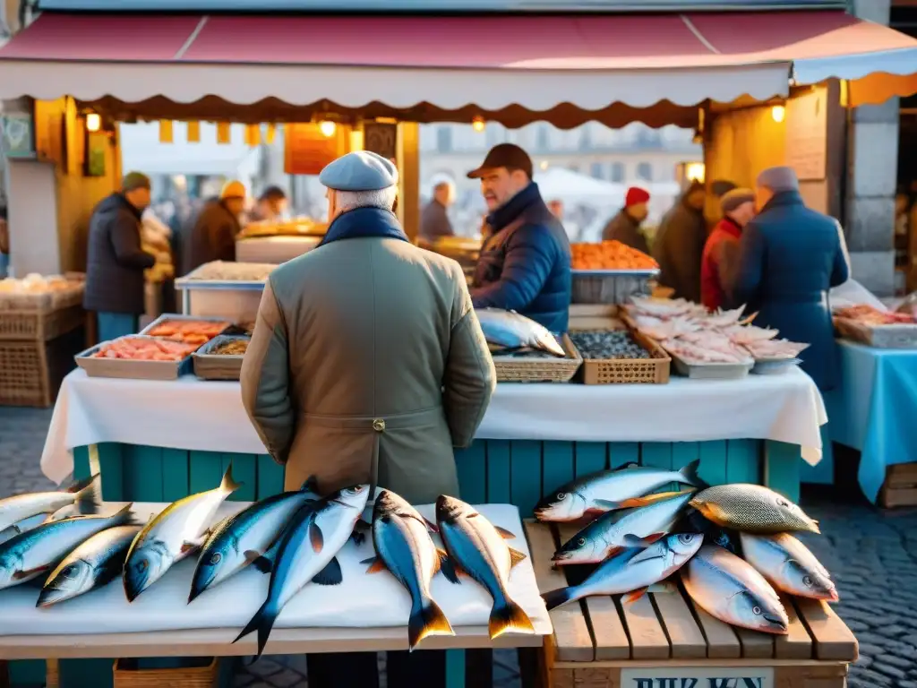 Un bullicioso mercado costero francés con una diversa exhibición de pescados frescos en mesas cubiertas de hielo