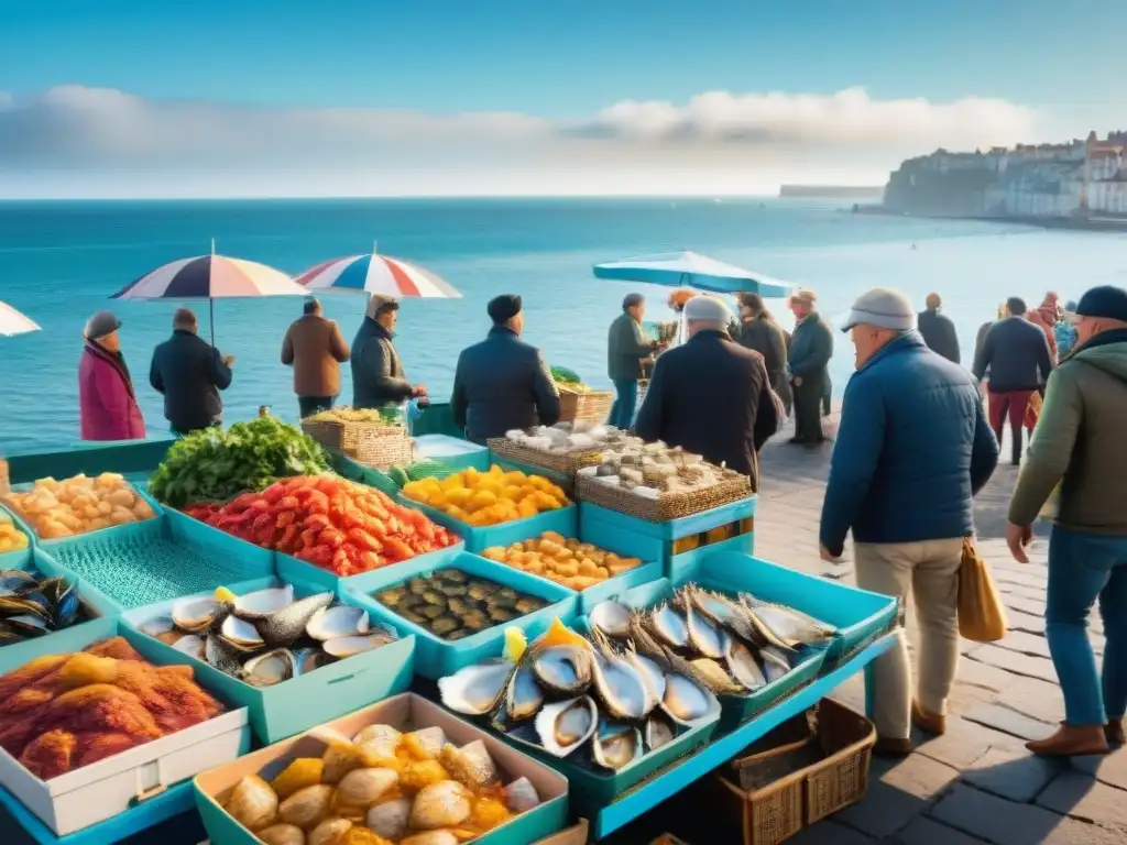 Un bullicioso mercado costero francés con pescados frescos, vendedores y clientes bajo coloridos toldos, vista al mar