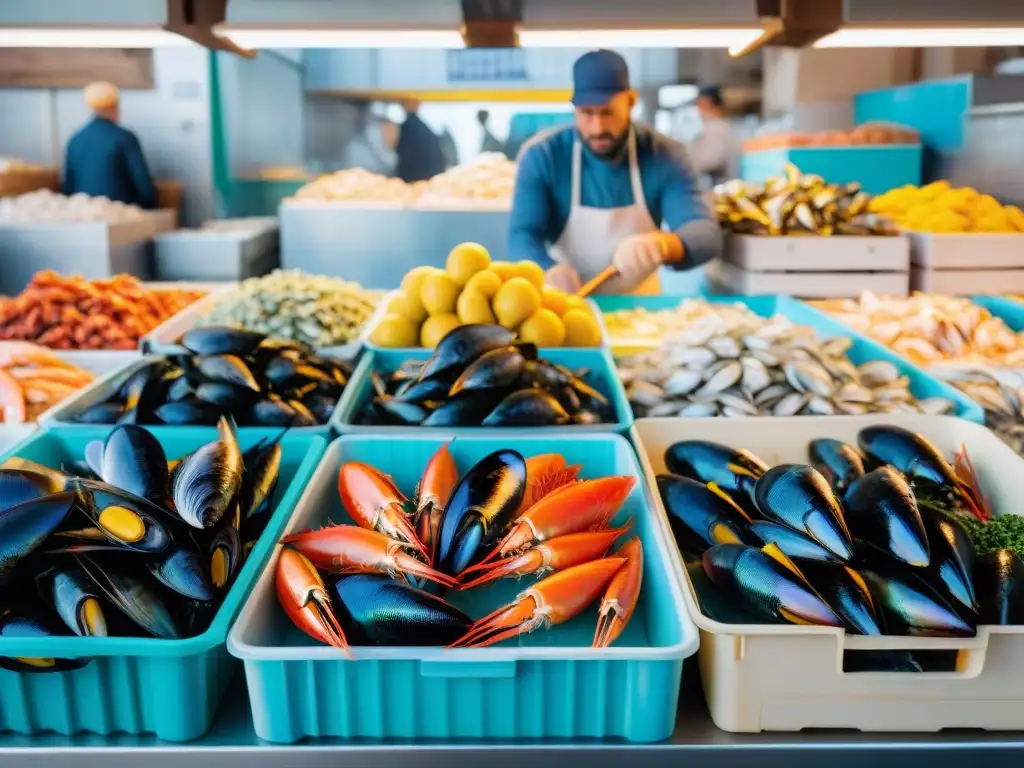 Un bullicioso mercado costero francés, repleto de pescados frescos en hielo