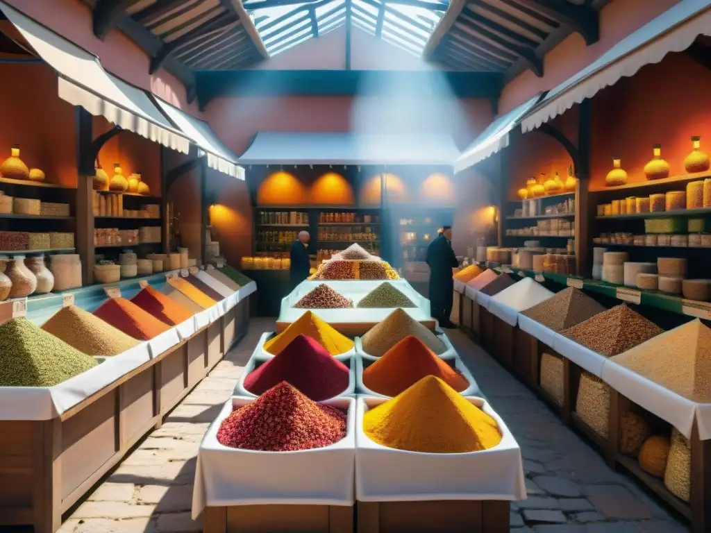 Un bullicioso mercado de especias en Francia, con coloridas vitrinas de especias en frascos de cristal y sombras dinámicas en el suelo adoquinado