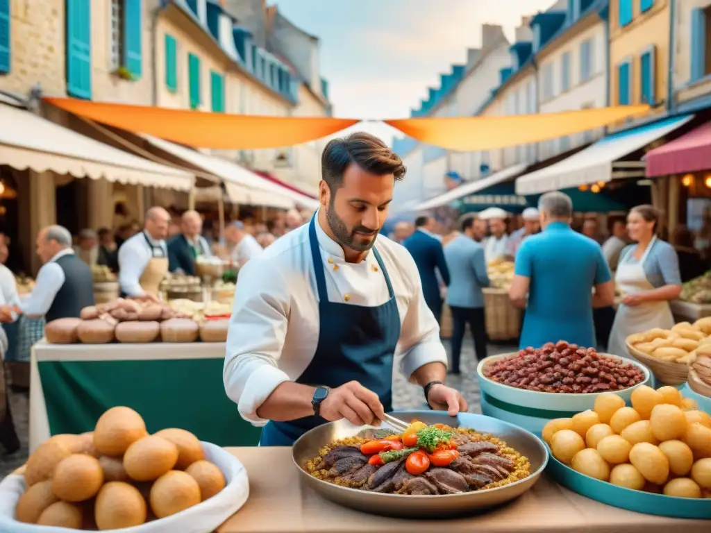 Un bullicioso mercado en la Feria de Dijon, con coloridos puestos y delicias culinarias francesas