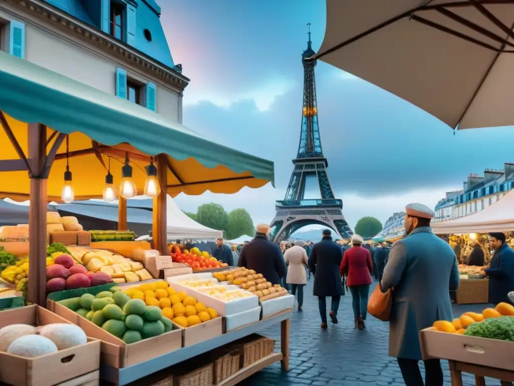 Un bullicioso mercado francés al aire libre, lleno de colores vibrantes y productos frescos bajo la Torre Eiffel