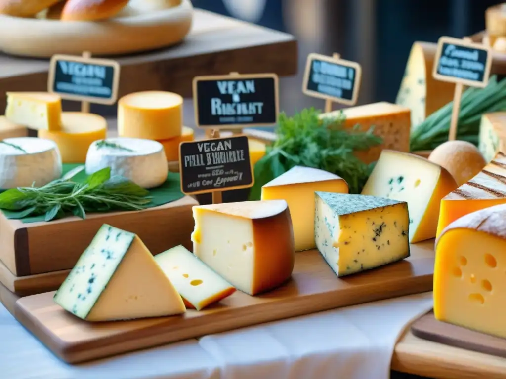 Un bullicioso mercado francés al aire libre con coloridos puestos de 'Quesos franceses veganos deliciosos' y vendedores interactuando con clientes