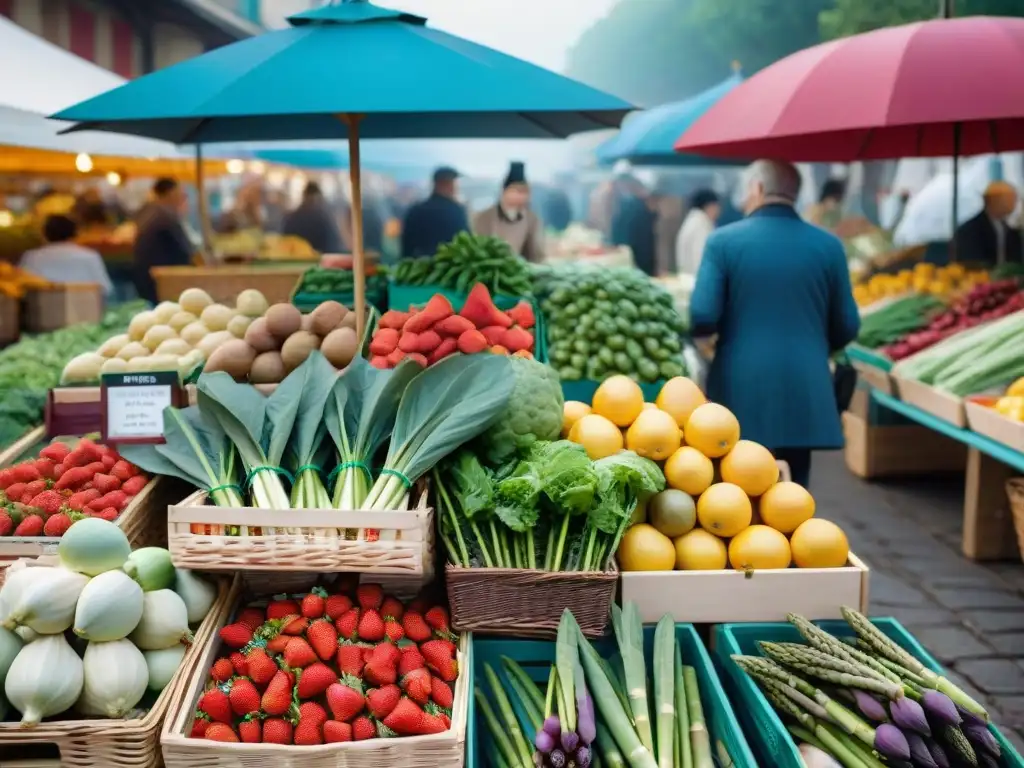 Un bullicioso mercado francés al aire libre con frutas y verduras de temporada en Francia