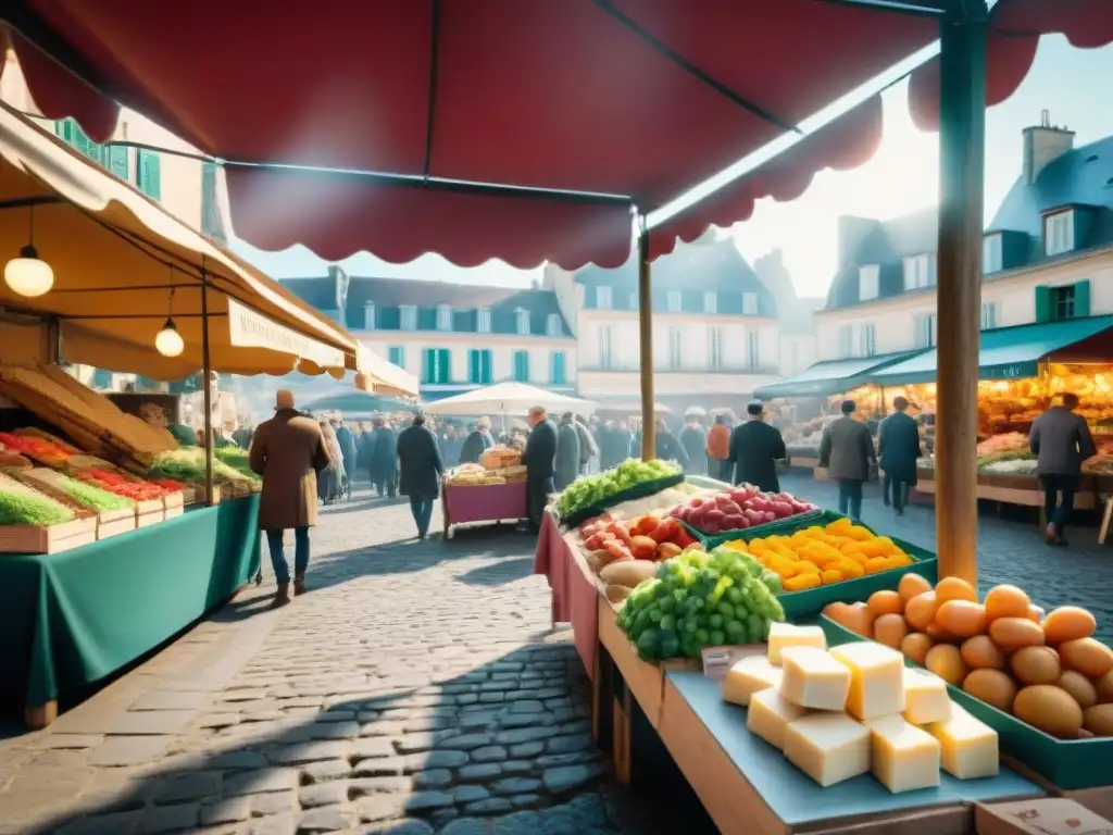 Un bullicioso mercado francés al aire libre con puestos coloridos de productos frescos, quesos, pan y pasteles