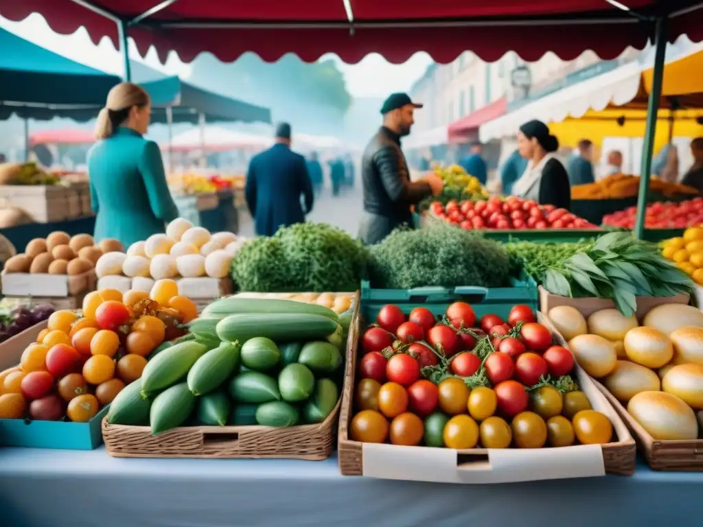 Un bullicioso mercado francés al aire libre con productos frescos y locales, perfecto para aplicaciones de recetas tradicionales francesas