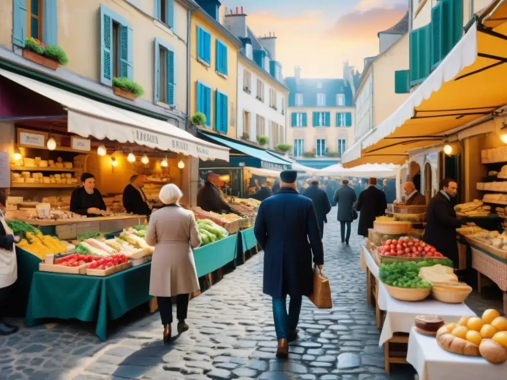 Un bullicioso mercado francés al aire libre con puestos coloridos rebosantes de productos frescos, quesos artesanales y baguettes tradicionales