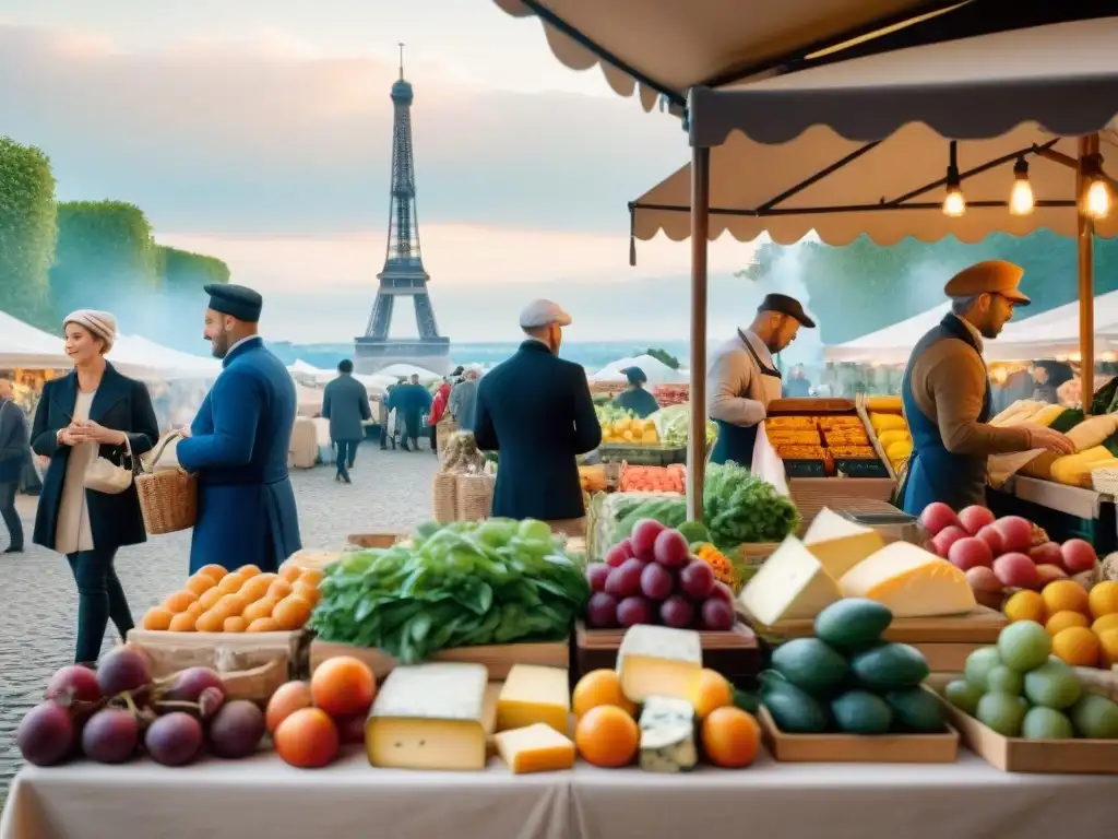 Un bullicioso mercado francés al aire libre con productos frescos, quesos artesanales y vinos franceses