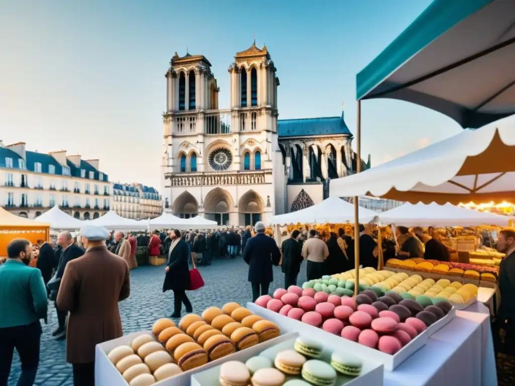 Mercado gastronómico francés: colores, sabores y música en vivo Un bullicioso mercado francés al aire libre con música y delicias culinarias, influencia de la música en gastronomía francesa