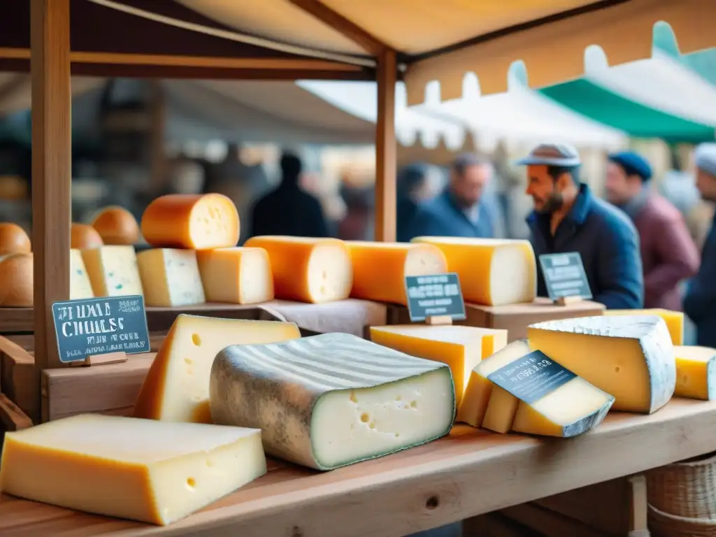 Un bullicioso mercado francés con auténtico Queso de cabra Pélardon, lleno de vida y tradición