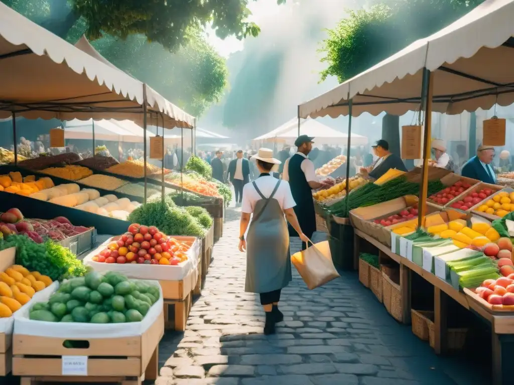 Un bullicioso mercado francés con coloridos puestos rebosantes de productos frescos como tomates de variedades, hierbas fragantes y duraznos maduros