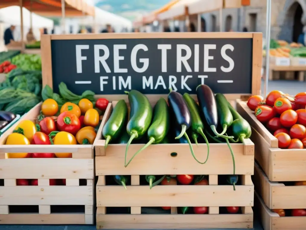 Un bullicioso mercado francés con frutas y verduras frescas en cajones de madera bajo la suave luz mediterránea