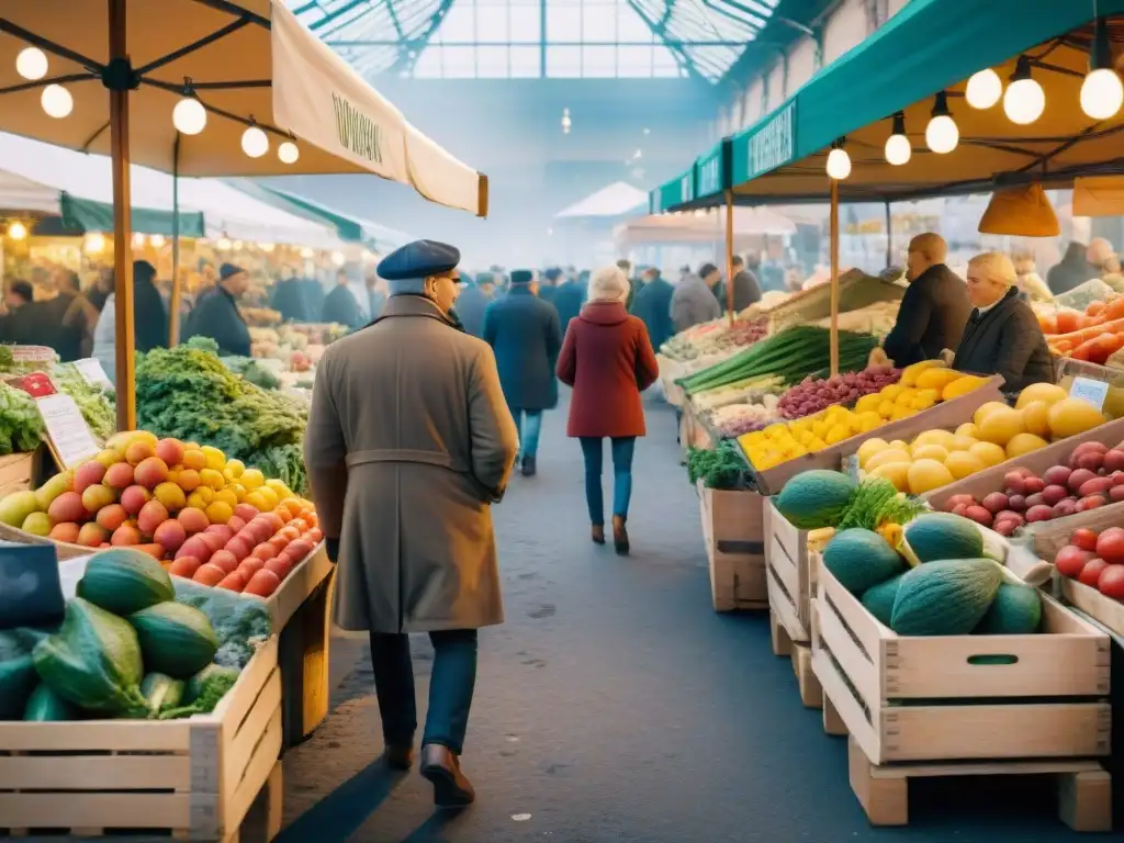 Un bullicioso mercado francés con frutas y verduras frescas en cajas de madera, reflejando la legislación sobre desperdicio alimentario en Francia