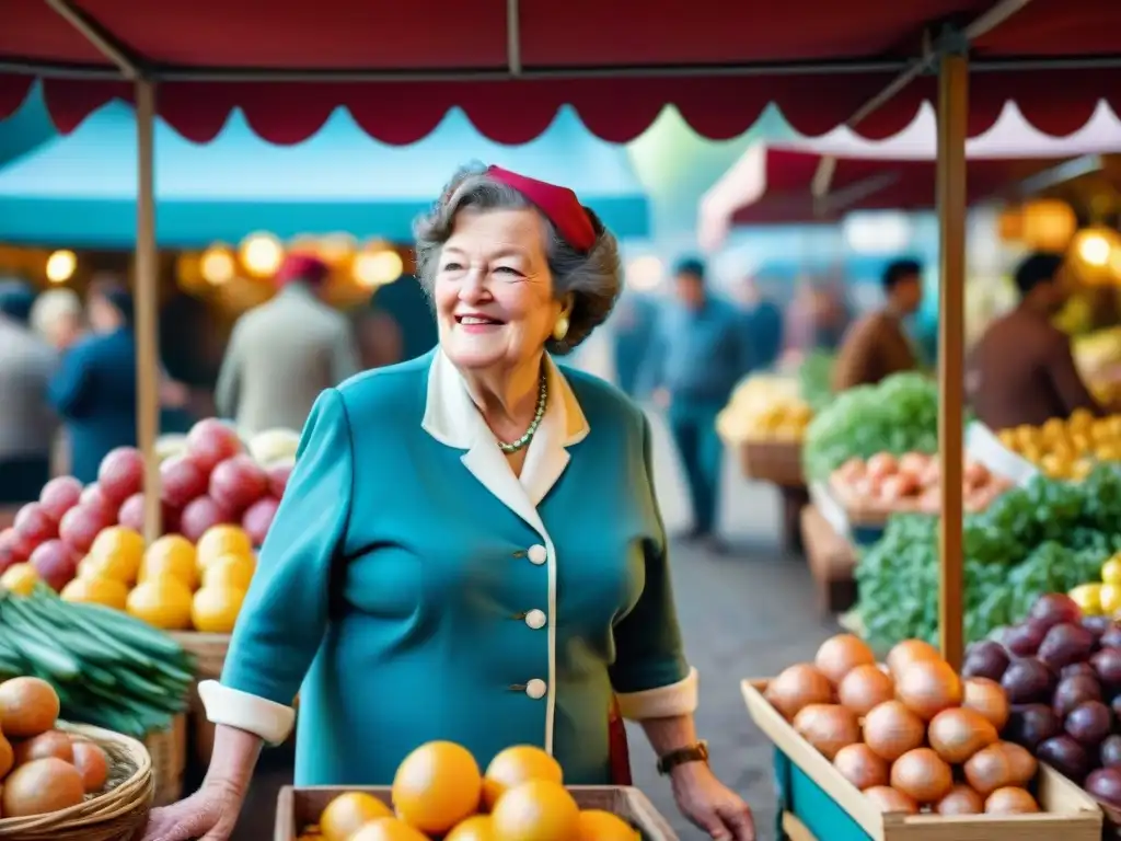 Julia Child en bullicioso mercado francés, iluminada por sol y cálida atmósfera