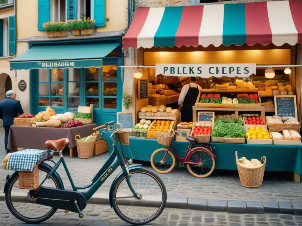 Un bullicioso mercado francés con influencia cultural gastronómica: puestos de comida, bicicleta con baguettes y chefs seleccionando ingredientes