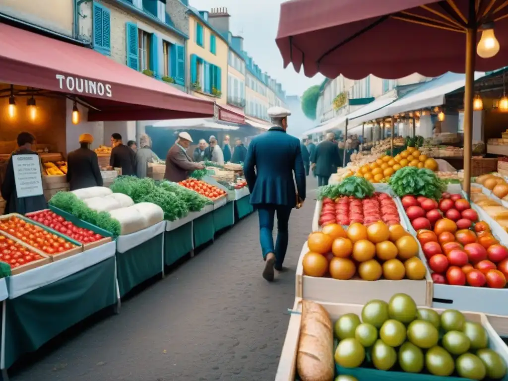 Un bullicioso mercado francés con ingredientes frescos y coloridos