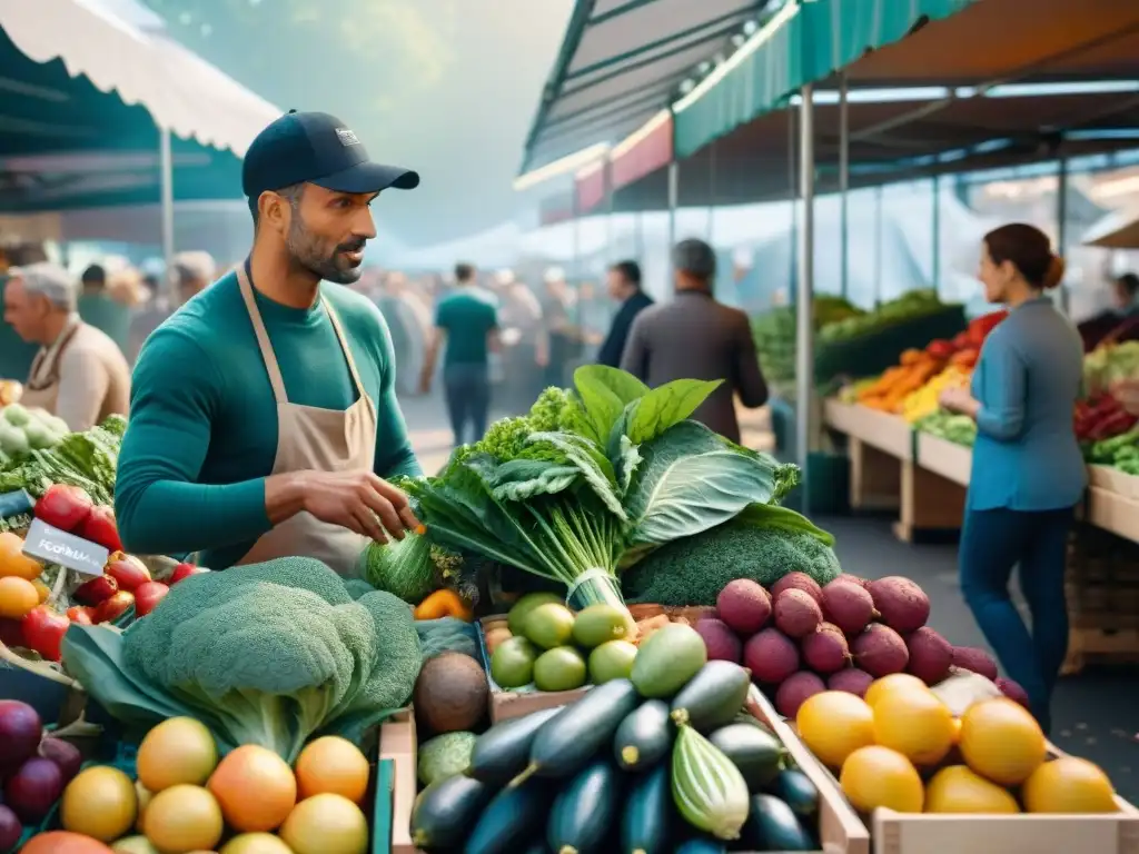 Un bullicioso mercado francés con ingredientes frescos y coloridos para una cocina francesa sostenible sin carne