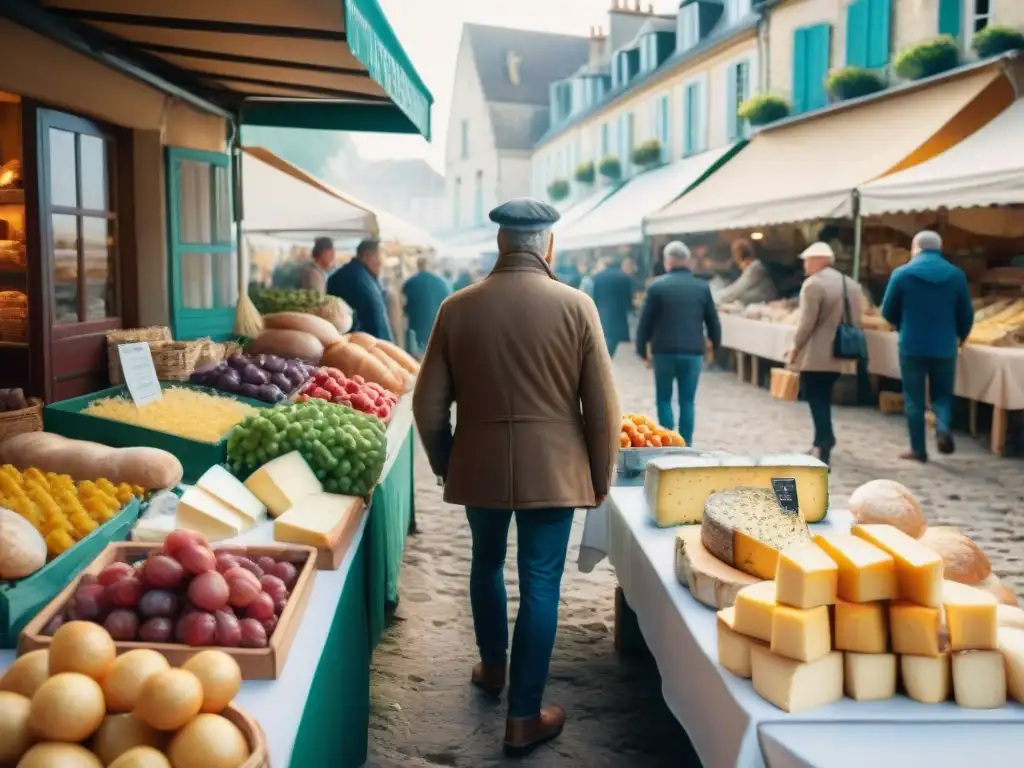 Un bullicioso mercado francés lleno de coloridos puestos de productos frescos, quesos artesanales y pan recién horneado