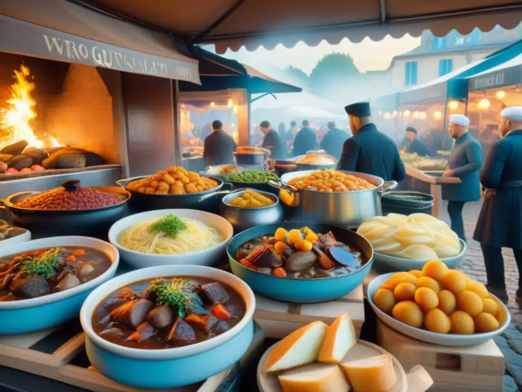 Un bullicioso mercado francés con platos tradicionales de la gastronomía francesa